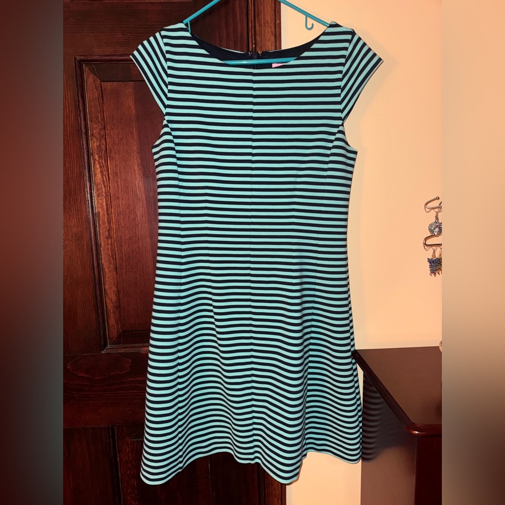 EUC Lilly Pulitzer L Large Striped Fit-and-Flare Dress Teal Aqua Navy Thick